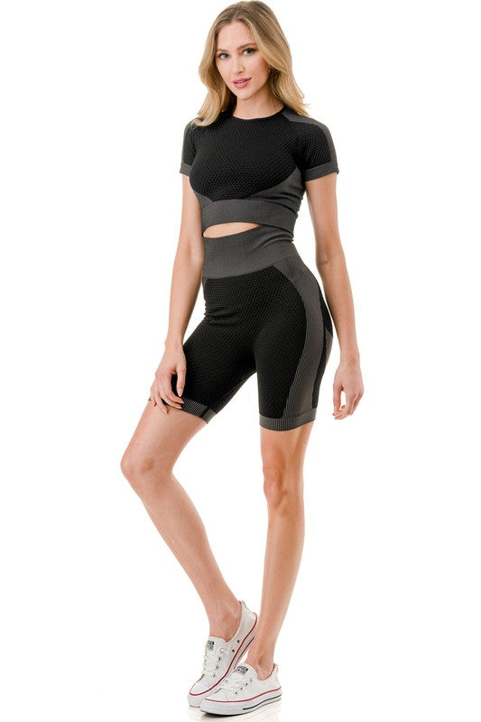 Active 2Tones Diamond & Stripe Textured Short Sets