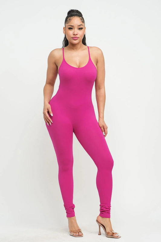 Seamless Fine Ribbed Knit Strapped Jumpsuit