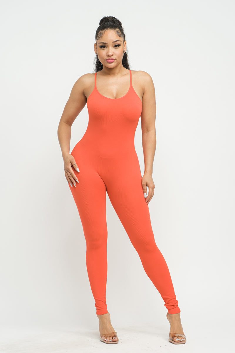 Seamless Fine Ribbed Knit Strapped Jumpsuit