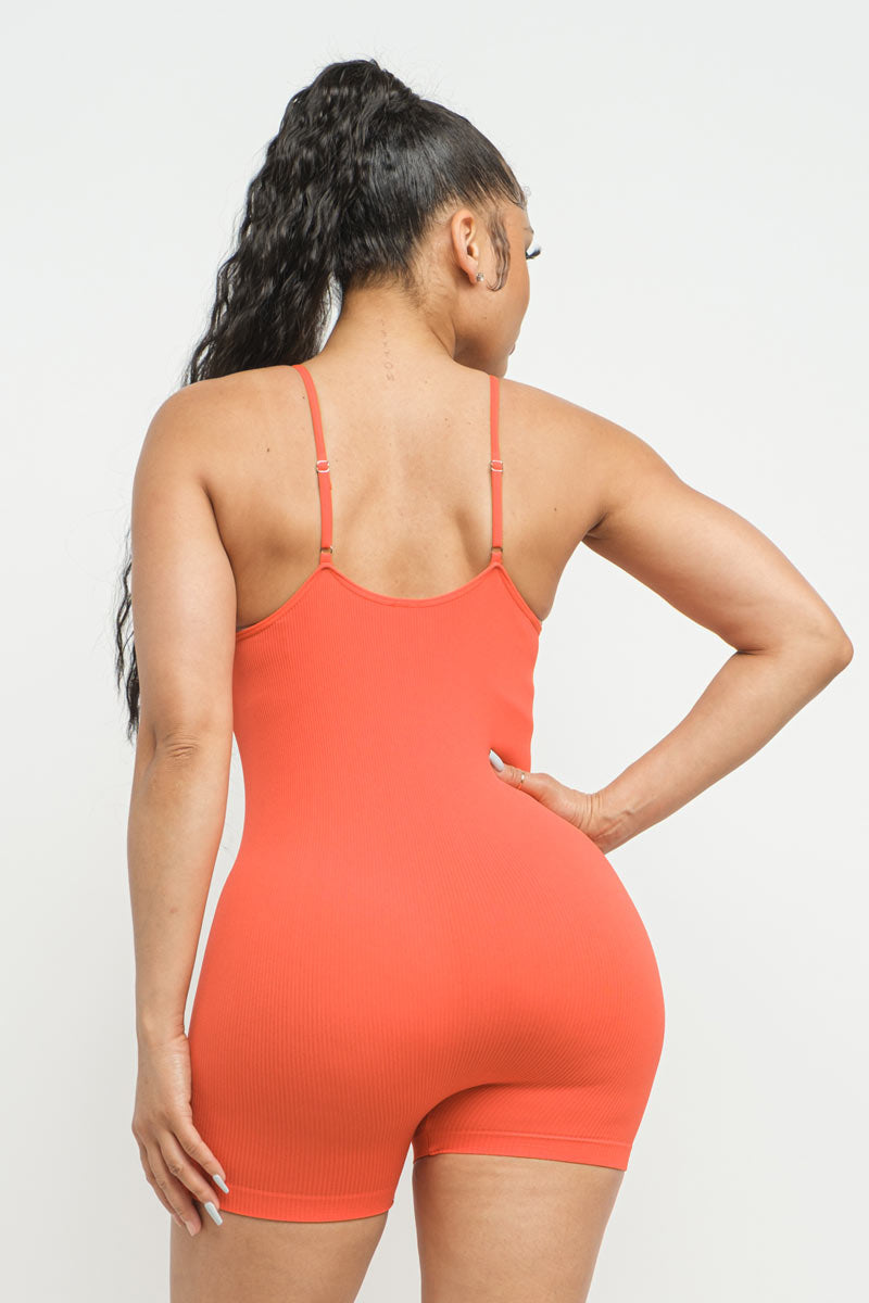 Seamless Knit Rib Scoop Sport Romper Bodysuit Catsuit